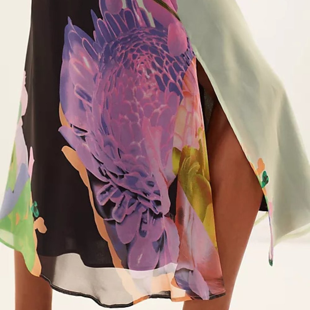 Eva Franco Anthropologie large Floral Midi Skirt A Line chiffon lavender black - Picture 2 of 6